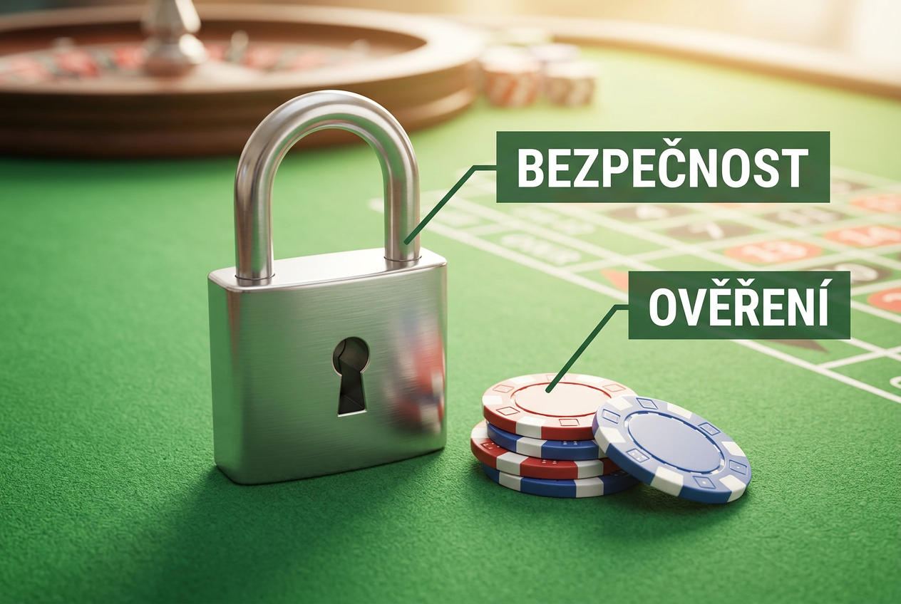 Infografika bezpečnosti s motivem zámku a kasinových žetonů